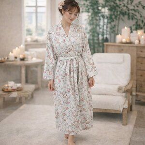 Soft Surroundings Robe Size S Long Gauzy Cotton Blend‎ Floral Pockets Belt Spa